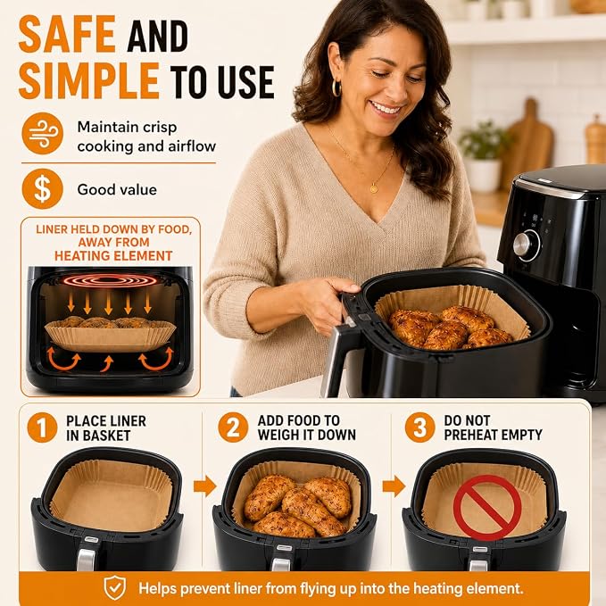 Air Fryer Paper Liners, 125Pcs Air Fryer Disposable Liners, Non-Stick and Oil Proof for Easy Cleanup, 8” Square for 5-8 qt Basket by Baker's Signature