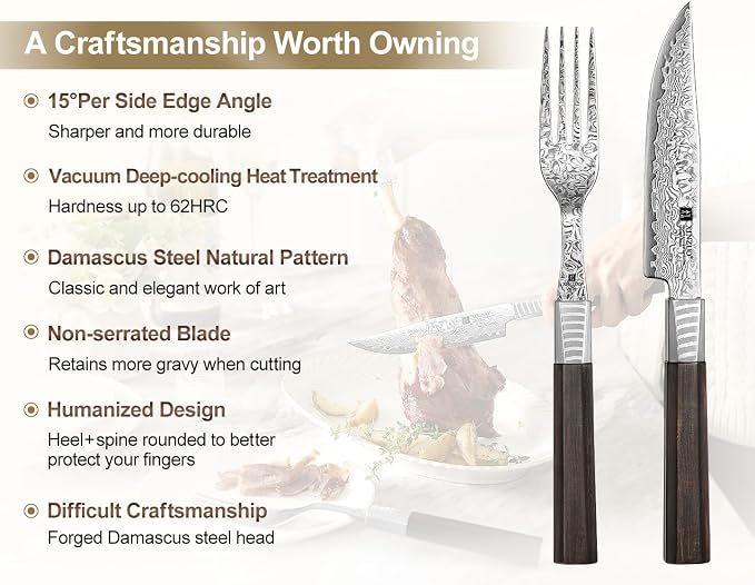 XINZUO Damascus Steel Non Serrated Steak Knife And Fork Set Of 2,67-Layer Damascus Steel Table Fork And Knife With Ebony Handle,Includes 5 Inch Steak Knife And Fork