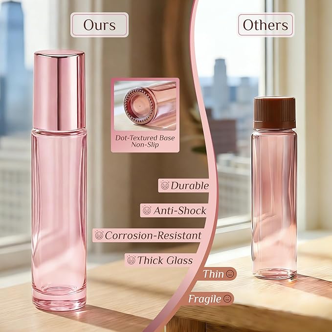 PrettyCare 12 Pack, 10 ml Essential Oil Roller Bottles with Stainless Steel Roller Ball - Refillable Leak-proof Empty Thick Pink Glass Roll on Bottles with Pink Caps for Travel, Perfume