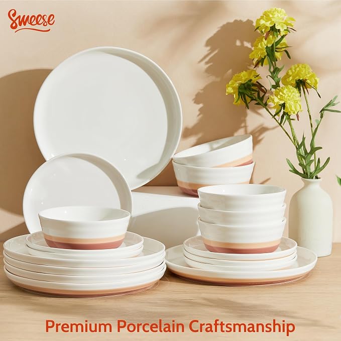 Sweese Plates and Bowls Sets,18 Pieces Modern Porcelain Dinnerware Set for 6 Handcrafted Uniqe Dinner Set Ceramic Dishware Dishes Microwave and Dishwasher Safe, Terra Cotta