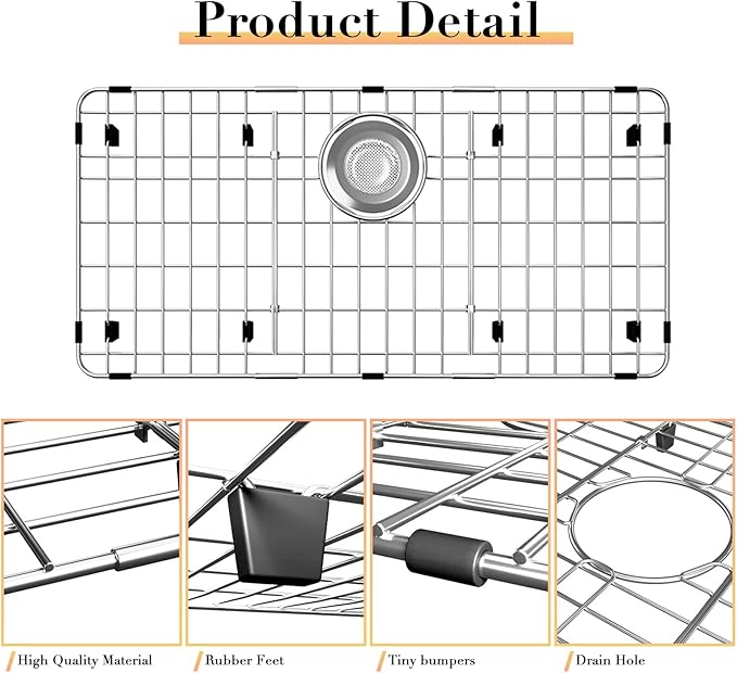 27.5’’ x 13.5’’ Sink Grid, Stainless Steel Sink Protectors for Kitchen Sink, Sink Bottom Grid, Rear Drain with Corner Radius, Sink Grids for Kitchen Sink, Sink Grid for Bottom of Sink