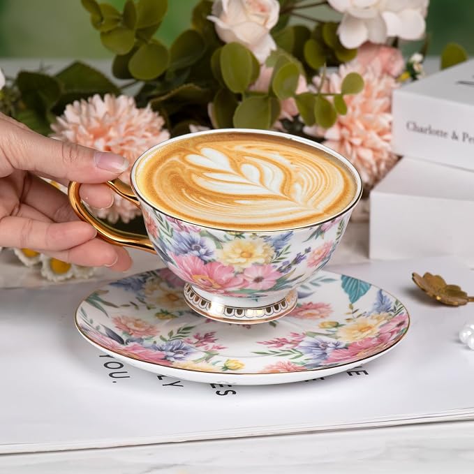 KAMMAK Tea Cups and Saucers Set of 2, Porcelain Coffee Cups, Stackable Espresso Mugs, Ceramic Demitasse for Coffee, Cappuccino, Latte, Americano, Tea, Blooming Flowers