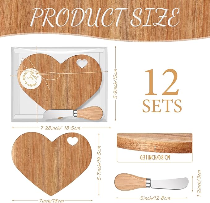 Maxcheck 12 Set Bridal Baby Shower Favor Heart Shaped Charcuterie Board Bulk 7x5inch Mini Cheese Board Gift with Knives Thank You Tag for Guest Birthday Bridal Wedding Baby Shower Prize (Brown)