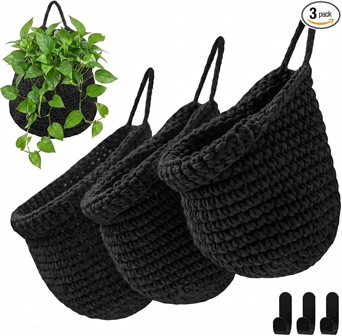 Honeydak Boho Decor Hanging Wall Baskets for Kitchen 3 Pack Teardrop Baskets with Hooks Storage Fruit Onion Vegetable Potato for Home 3 Sizes(Black,Barrel,Cotton Rope)