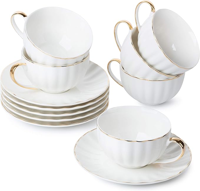 BTaT- Cappuccino Cups with Saucers 7 oz, Set of 6, Golden Trim Design | White Porcelain Coffee Cup Set, Dishwasher Safe, Ideal for Mocha Tea Au Lait Flat