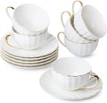 BTaT- Cappuccino Cups with Saucers 7 oz, Set of 6, Golden Trim Design | White Porcelain Coffee Cup Set, Dishwasher Safe, Ideal for Mocha Tea Au Lait Flat