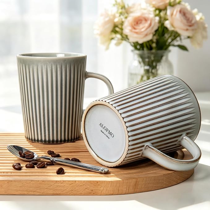 Coffee Mugs Set of 4 Modern Striped Stoneware Coffee Cups with Handle, Large Ceramic Gift Set for Women and Men, Dishwasher and Microwave Safe, 18oz for Hot Coffee, Tea, Cocoa, Milk