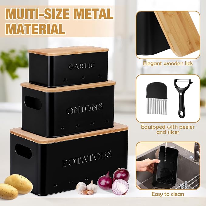 Honeydak 3 PCS Black Potato Onion Garlic Storage Bins Set, Metal Vegetable Keeper Containers with Lids Aerating Holes for Kitchen Counter Pantry Keep Fresh Longer Farmhouse for Sweet-potato Fruit