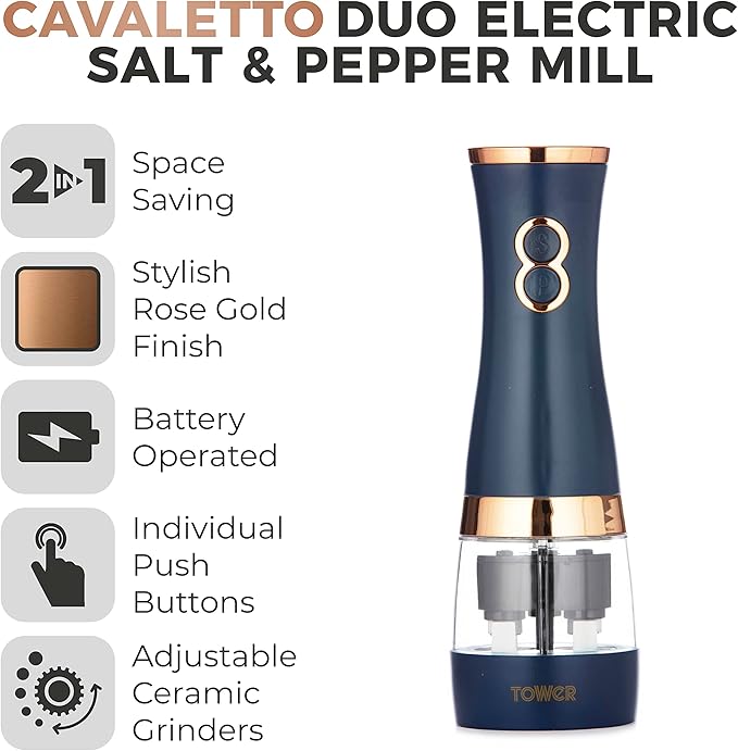 Tower T847004MNB Electric Salt and Pepper Mills, Battery Operated with Adjustable Ceramic Grinders, Midnight Blue and Rose Gold