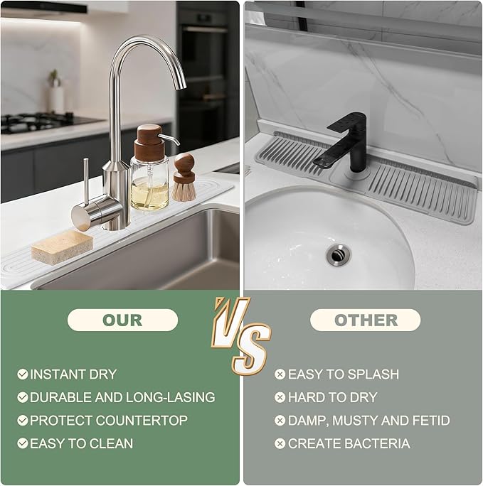 Meiliweser Faucet Mat for Kitchen Sink, Diatomite Quick Drying Stone Mat & Sink Protector, 23.6" x 4" Kitchen Sink Splash Guard, Absorbing Stone Tray for Bathroom Counter (White)