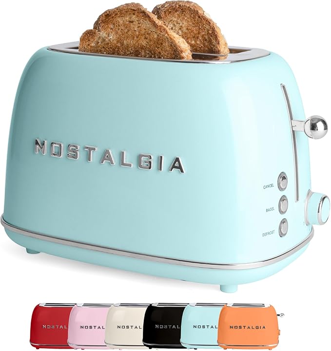 Nostalgia Classic Retro 2-Slice Toaster- Vintage Design- Enamel Coated Steel Body- Wide Slots for all Breads- Crumb Tray, Cord Storage- Defrost,Cancel and Bagel Function & 6 Toasting Levels- Aqua