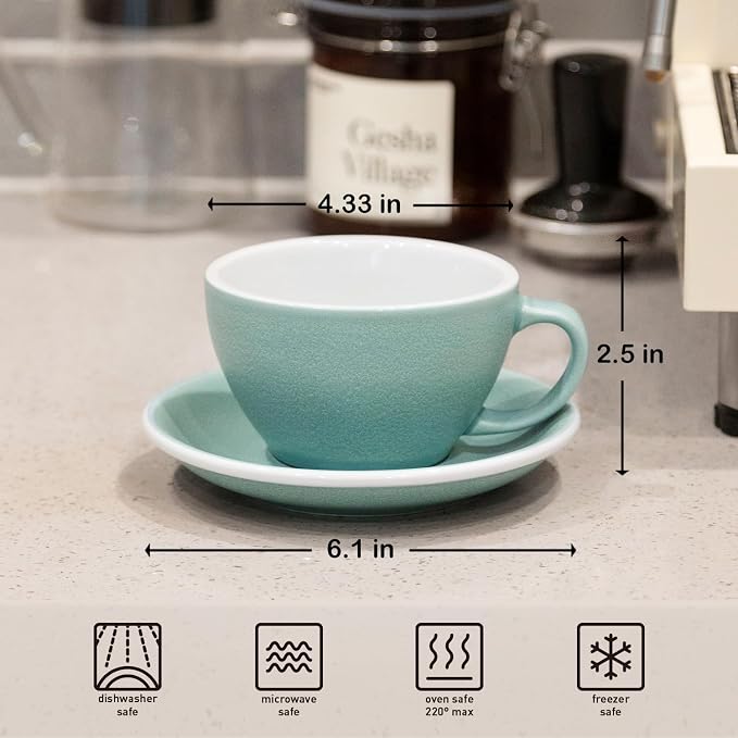 Loveramics Matt Cappuccino Cup, 10 oz Ceramic Latte Art Mug with Saucer, Thick-walled stoneware cup Set, Barista Latte Cup Set for Latte, Cappuccino, Tea - Mineral Colors (Emerald, 10OZ)