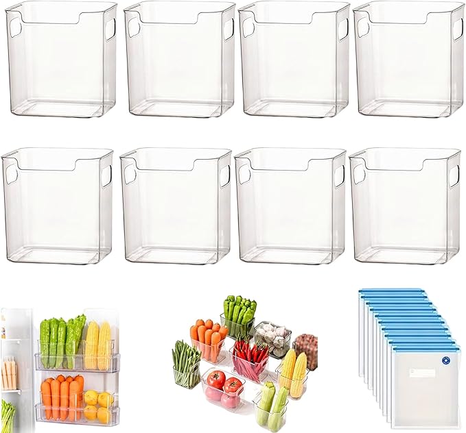 Crystal Clear Freezer Storage Bins, 4 Pack Clear Plastic Storage Bins for Pantry Organizers and Storage, Kitchen Stackable Containers with Handle for Refrigerator, Fridge, Cabinet (8Pcs Small)