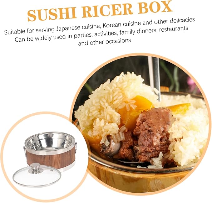 Wooden Rice Bucket with Lid Steamed Rice Holder Food Storage Container for Sushi Tofu More for Home Dining and Meal Prep