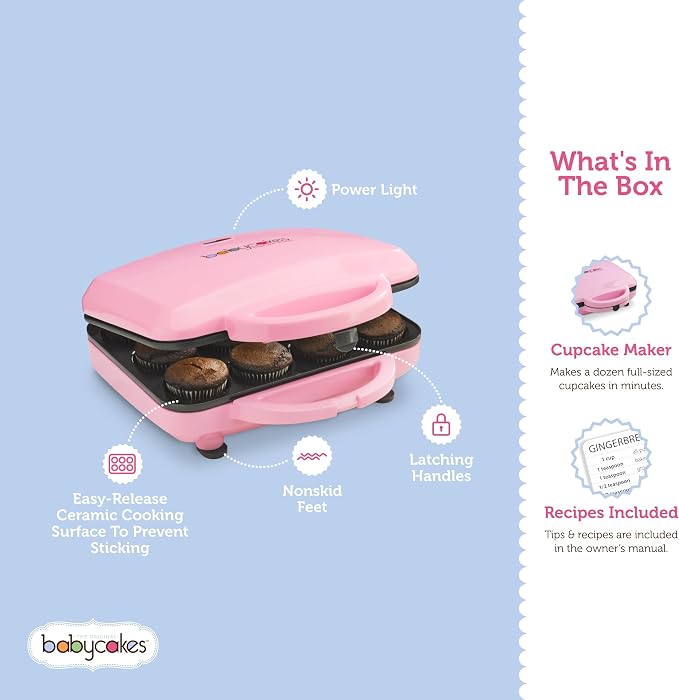 Babycakes Full Size 12 Cupcake Maker - Kitchen Appliance with Nonstick Coating & Latching Handle - Machine for Full-Sized Cupcakes - Includes Manual with Cupcake Recipes