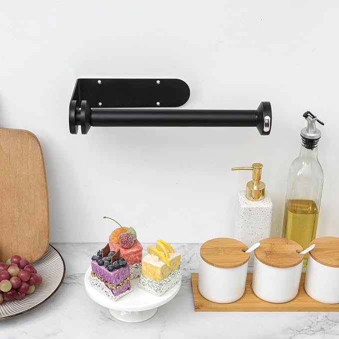 theaoo Under Cabinet Paper Towel Holder for Kitchen, Easy One-Handed Tear, Quick Release Knob for Easy Roll Loading, Wall-Mounted Dispenser, Self-Adhesive or Drill Mounting, Black Stainless Steel