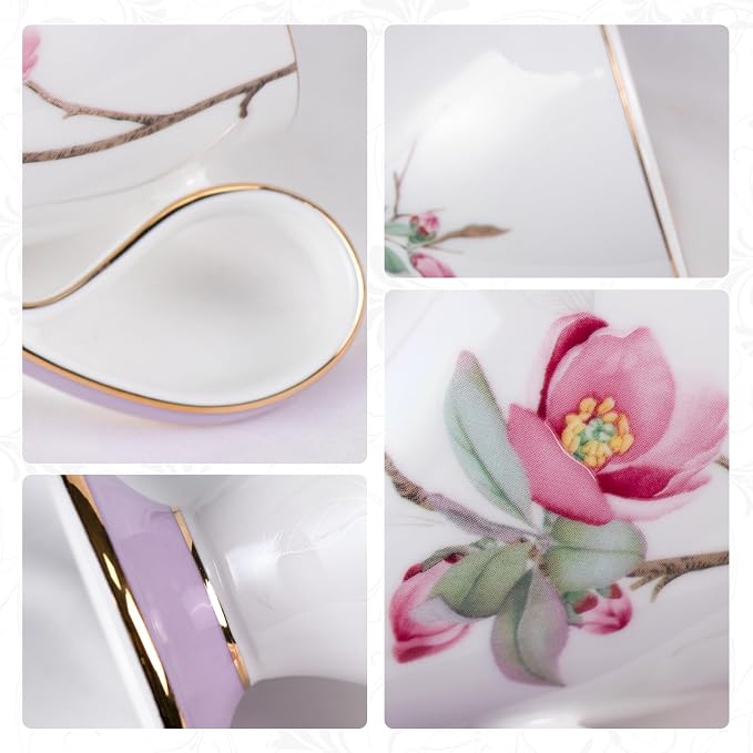 KAMMAK Ceramic Coffee Cups Saucers Set of 2, Porcelain Espresso Cup with Saucer, 8.45 oz Handmade Elegant Bone China Tea Cups, Purple Floral Demitasse Cup for Latte, Americano, Cappuccino