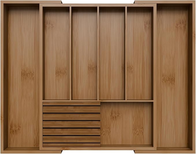 Bamboo Kitchen Silverware Drawer Organizer - Expandable Wood Utensil Holder with Dividers, Luxury Cutlery Storage Tray for Kitchen Utensil and Flatware (5-7 Slots with Removable Knife Block, Walnut)