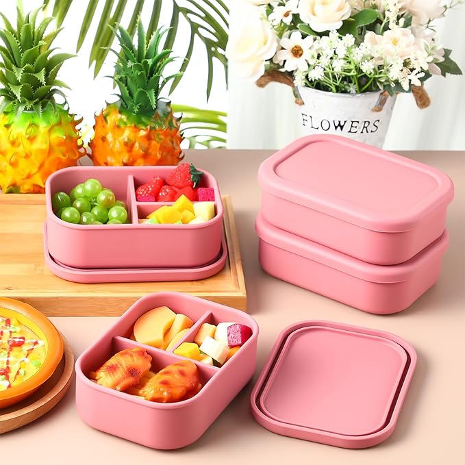 Honeydak 4 Pcs Silicone Bento Box for Adults, 3 Compartment Lunchable Food Container for Women Men, Leak Proof Microwave Dishwasher Freezer Safe (Red)