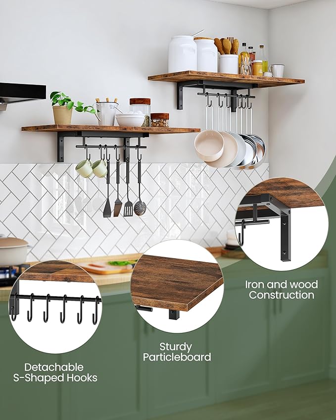 CHOEZON Wall-Mounted Pot Racks, Set of 2 Hanging Pot Rack, Floating Shelves, Vintage Pot Hangers for Kitchen, 2-Tier Hanging Shelves for Kitchen Storage, Rustic Brown and Black TPR27P2BF