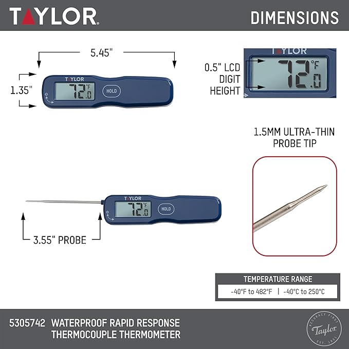 Taylor Digital Waterproof Rapid Response Thermocouple Folding Food Thermometer, Instant Read Thermometer for Meat Grilling BBQ Cooking and Kitchen, Blue