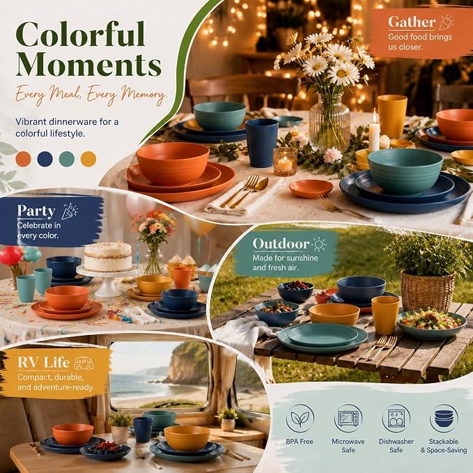 Wrova Plates and Bowls Sets 40-Piece, Unbreakable Wheat Straw Dinnerware Sets for 8, Lightweight Dishware Sets Microwave Safe- Deep Plates/Cereal Bowls/Cups Set/Soy Sauce Dish for Kitchen,RV- Colorful