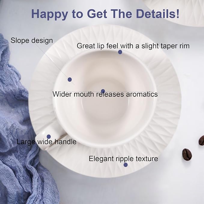 Espresso Cup and Saucer Set of 6, 6 oz Ceramic Cappuccino Barista Cup with Saucer, Stackable Coffee Mugs for Demitasse, Au Lait, Latte, Cafe Mocha, Tea, Birthday Day Thanksgiving Christmas Gift, White