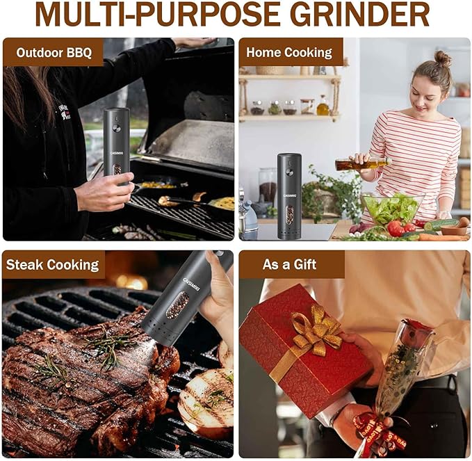 Large Capacity Rechargeable Electric Pepper Grinder 2025 New Pepper Mill USB Black Automatic Pepper Mill Adjustable Coarseness Salt Shakers with LED Light One Hand
