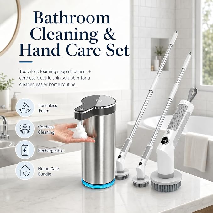 Bathroom Cleaning & Hand Care Bundle, Touchless Foaming Soap Dispenser and Cordless Electric Spin Scrubber Set