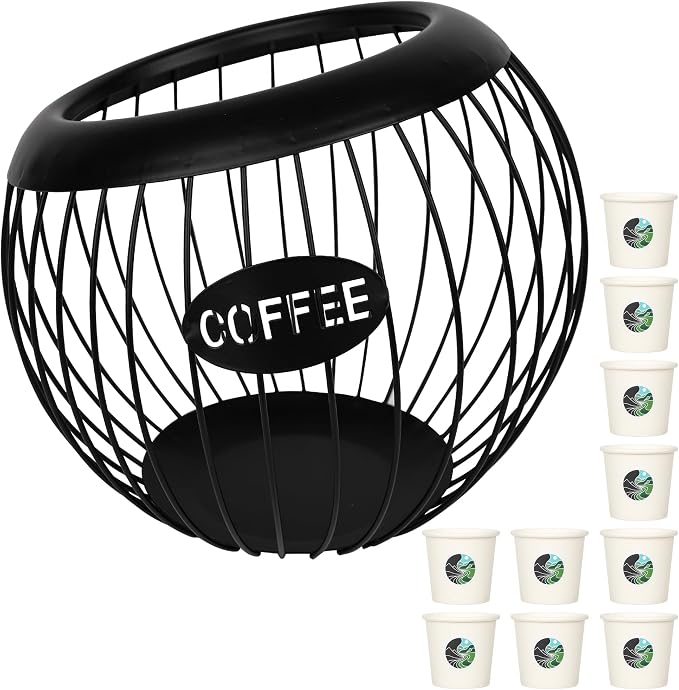 Hemisphere Coffee Pod Holder, Black Cof Station, Iron Capsule Organizer with Angled Opening, Includes 10 Tasting Cups, Kitchen Counter, Office