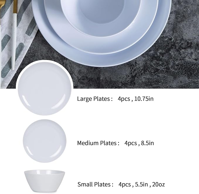Melamine Dinnerware Set - 12pcs Plates and Bowls for 4,Durable Melamine Dishes Set for Everyday Use, Lightweight & Dishwasher Safe,White