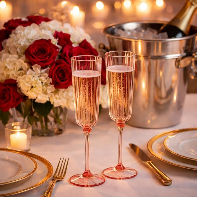 Jingmore 12 Pcs Plastic Ribbed Champagne Flutes With Stem, 6.4 oz Clear Vintage Disposable Champagne Glasses for Wedding Birthday Anniversary (Pink)