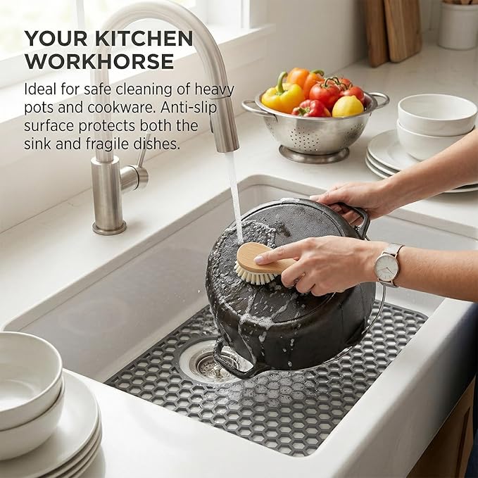 Silicone Sink Protectors for Kitchen - Non-Slip Heat Resistant Grid Mat for Farmhouse Porcelain Stainless Steel, Protects & Cushions Your Sink (Gray 1PCS, 26"x14" Rear Drain)