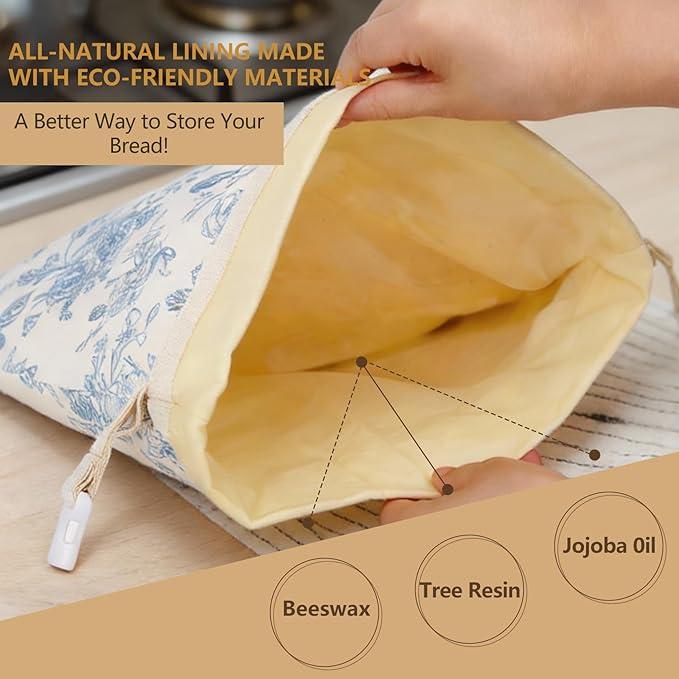 Reusable Beeswax Bread Bags for Homemade Bread & Sourdough, 2-Pack XL Airtight Food Storage Bags, Organic Cotton Linen Covers - Freezer-Friendly Freshness Preservation Keeps Fresh Longer