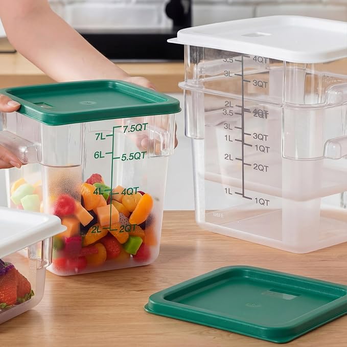 Lallisa 4 Pcs 8qt & 4qt Clear Food Storage Containers with Lids Handles and Scales, Stackable Plastic Square Food Storage Containers for Dough Proofing Baking Kitchen Restaurant(White, Green)