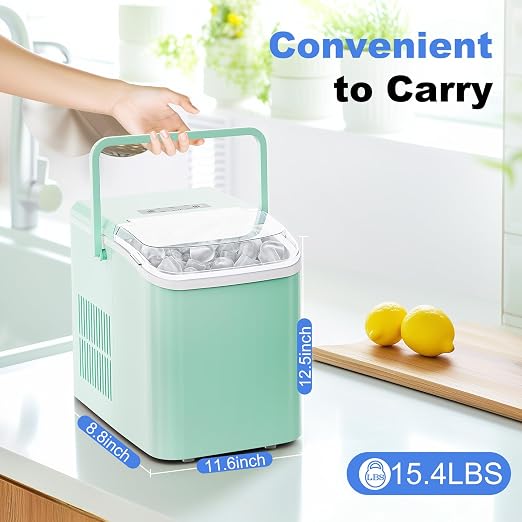 NEWBULIG Ice Makers Countertop with Handle, Portable Ice Machine, 9 Bullet Ice Cubes in 6 Mins, 26lbs in 24Hrs, Auto-Cleaning, with Basket and Scoop, for Home, Kitchen, RV, Camping, Green