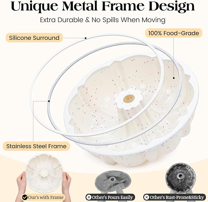Vinino 9.5 Inch Silicone Fluted Tube Cake Pan with Metal Reinforced Frame, Pound Cake Pan Mold, BPA Free Silicone Bakeware for Cake, Bread, Jello, Gelatin, Flan, 2 Pack