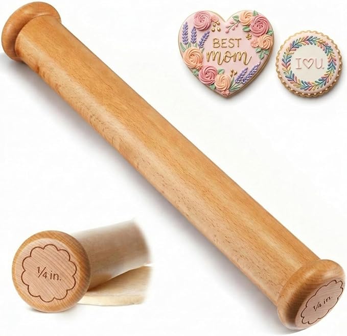 Chengu Wooden Cookie Rolling Pin 1/4-in. Fixed Depth Rolling Pins for Baking Hardwood Dough Roller Cake Supplies for Mothers Day Cookie Cutters Pie Chapati Fondant Gifts Holiday Party Wedding