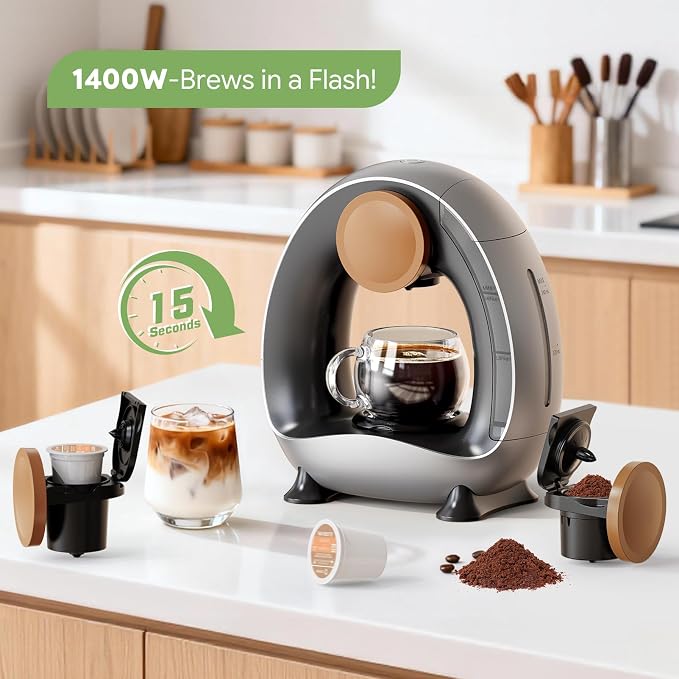 Single Serve Coffee Maker 2 in 1, 1400W Fast Brewer for K-Cup Pods & Ground Coffee, One-Touch Americano & Tea Machine with 2 Reusable Filters, Compact Design for Home Office RV Dorm