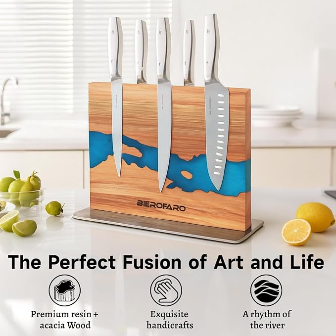 Magnetic Knife Block with Steel Base, Double‑Sided Knife Holder Made of Acacia Wood for Chef Knives, Modern Kitchen Countertop Organizer, Blue Resin River Design
