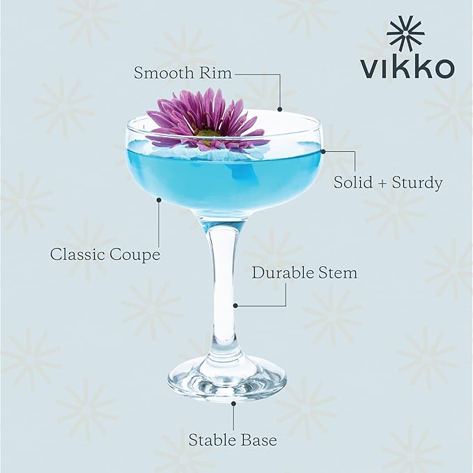 Vikko Martini Glasses Set of 6, Crystal Clear 8.5 Ounce Coupe Glasses with Small Stem, Cosmopolitan Glasses for Martini, Vodka, Cocktail, Short Stemmed