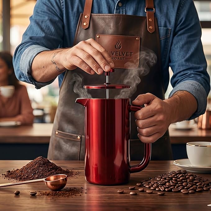 8-Cup Double Wall Insulated Stainless Steel French Coffee Press, 32-Ounce Durable Coffee Tea Maker with Stainless Steel Plunger, Red