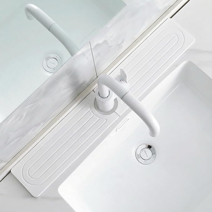 Faucet Mat for Kitchen Sink -Diatomite Stone Drying Mat for Kitchen Counter & Bathroom Sink,Quick-Dry Kitchen Sink Mat-Sink Protector & Splash Guard,Super Absorbent (White, 23.6" x 4")