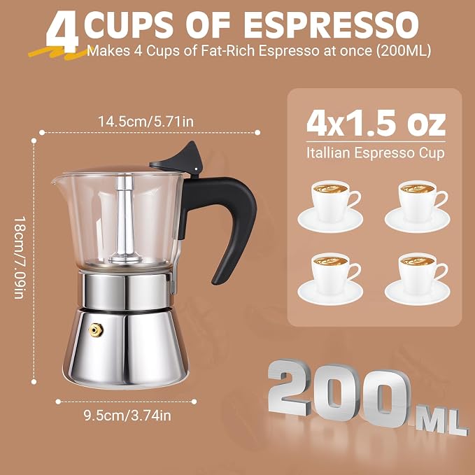 Induction Moka Pot, 4 Cups (7.1 oz) Crystal Glass-Top & Stainless Steel Moka Pot, Classic Stovetop Espresso Maker, Silver