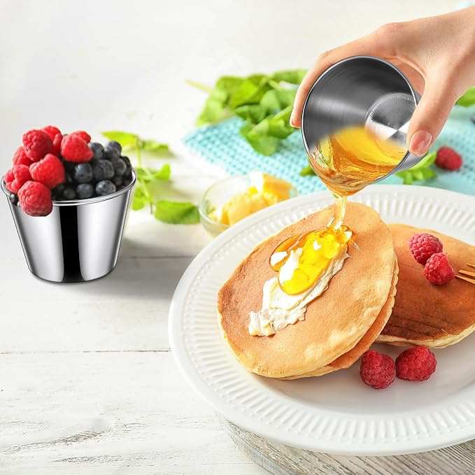 Potchen 24 Pieces 2.5 oz Metal Ramekins Sauce Cups Stainless Steel Condiment Cups Round Dipping Containers for Vinegar Butter Ice for Kitchen Restaurant Catering Camping BBQ Party
