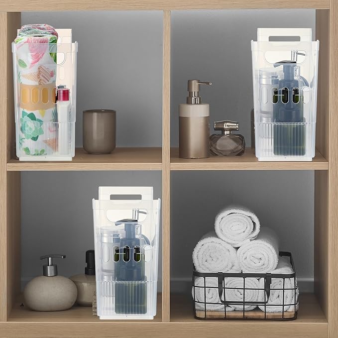 Qunclay 6 Plastic Freezer Organizer Bins with Wheel Set Clear Tall Narrow Kitchen Pantry Organizer Snack Storage Containers for Office Refrigerator(10 x 13.3 x 5.5 Inches)