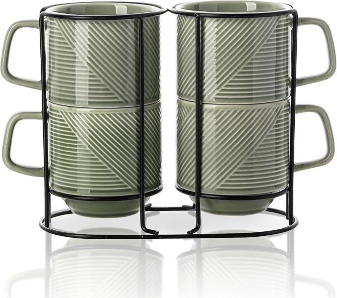 Stackable Coffee Mugs with Rack: 13 oz Stacking Ceramic Cups with Stand - Porcelain Stacked Tea Mug Set of 4 (Pea Green)