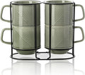 Stackable Coffee Mugs with Rack: 13 oz Stacking Ceramic Cups with Stand - Porcelain Stacked Tea Mug Set of 4 (Pea Green)