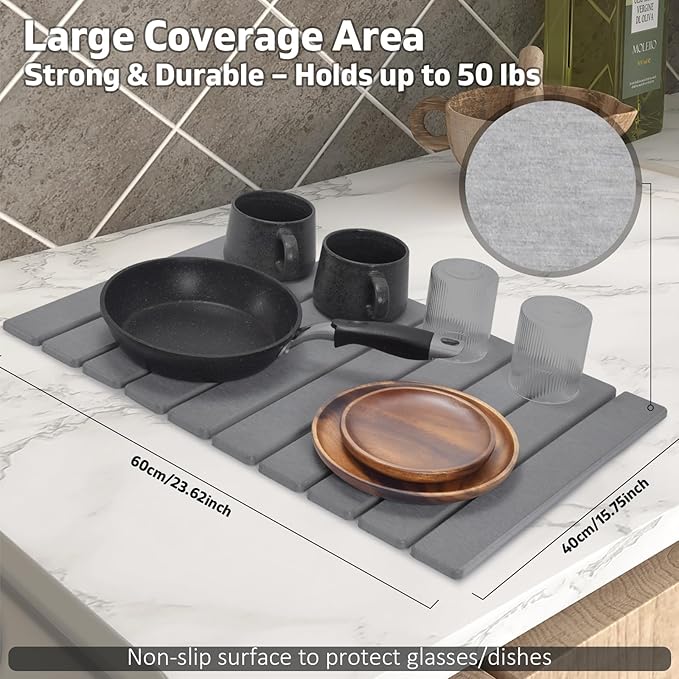 Stone Dish Drying Mat for Kitchen Counter – Collapsible 24"(L)×16 (W) Super Absorbent Diatomaceous Earth Dish Drying Mat, Grey Kitchen Counter Mats for Dishes ,Bottles, Cups, Match Any Countertop
