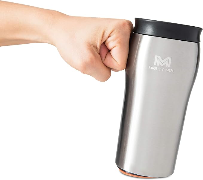 Mighty Mug | The Untippable Mug | Grips When Hit, Lifts for Sips | Insulated Stainless Steel Tumbler | Cupholder Friendly | Gifts for Women Men All | Leakproof | 4 Hours Hot / 24 Cold | 12oz | Silver